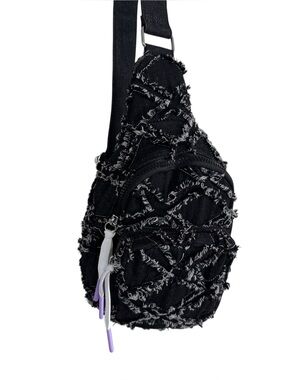Wildfox | Black Distressed Denim Fringe Sling Bag